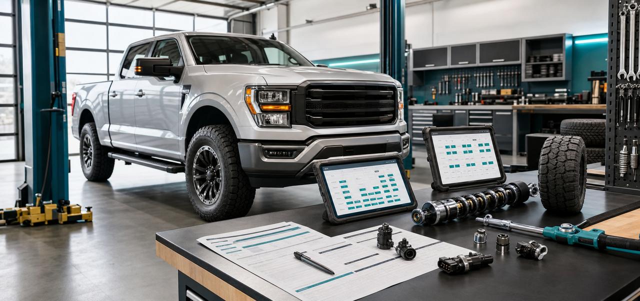 Truck fitment workbench with parts, tires, sensors, tools, and research screens